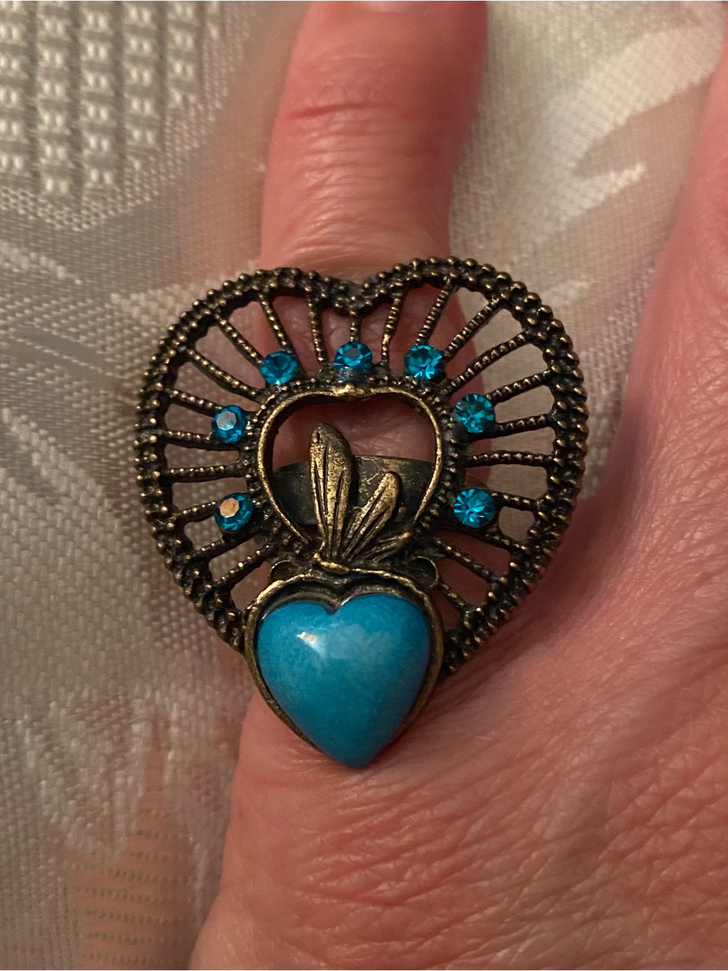 Womens Finger Ring Bronze Heart Faux Turquoise Stone & Beads Adjustable Western